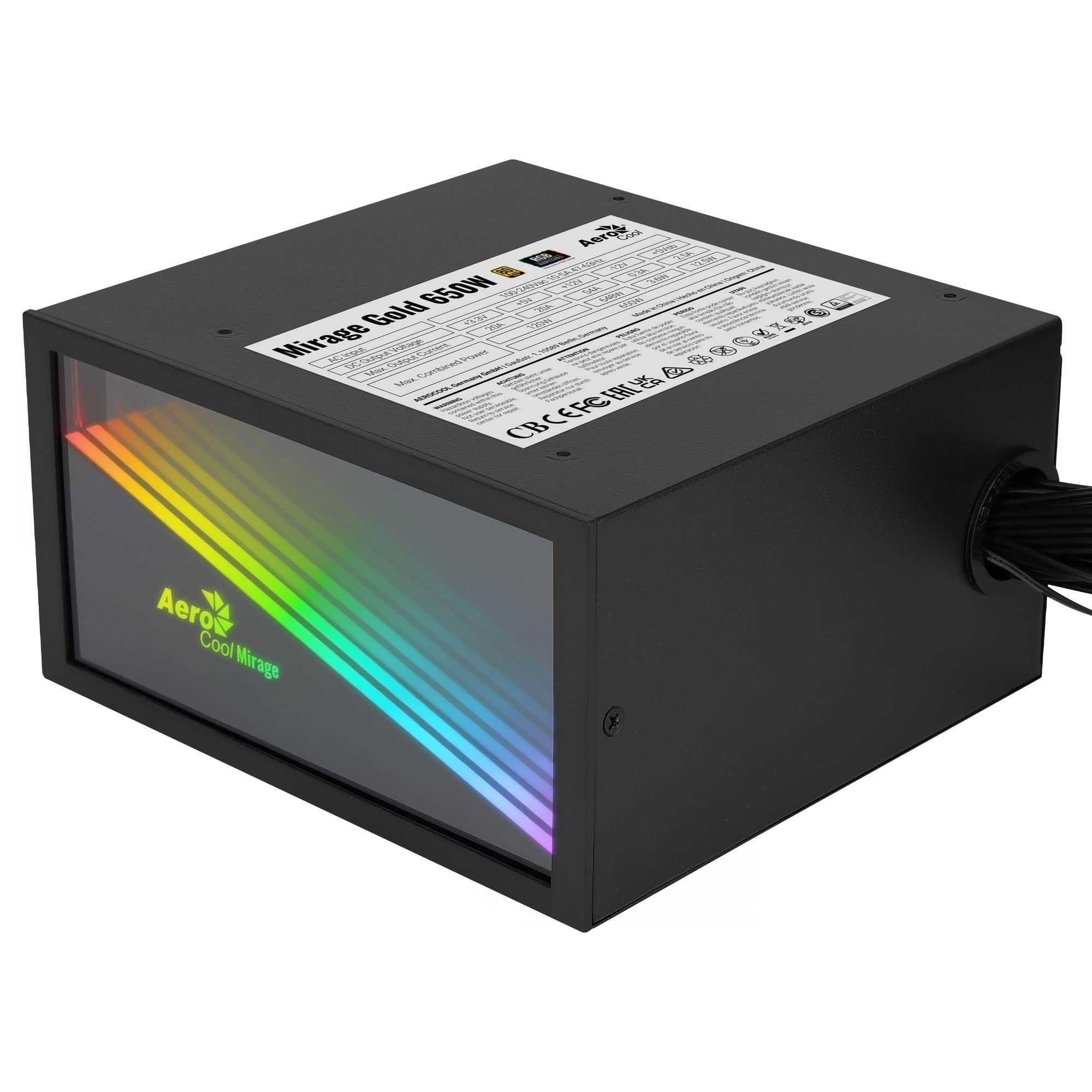 Aerocool Miragegold650, Pc Power Supply 650W, Rgb Infinity Mirror, 80Plus Gold, Japanese Capacitors