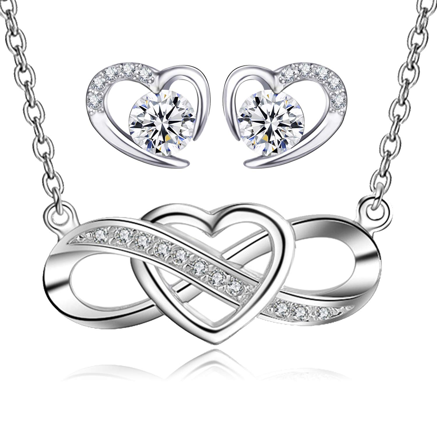 LYL.Adorer Jewellery Set for Women,Infinity Endless Love Heart Necklace,Heart Earrings with Sparkling Cubic Zirconia,925 Sterling Silver, Gift for Women Girls