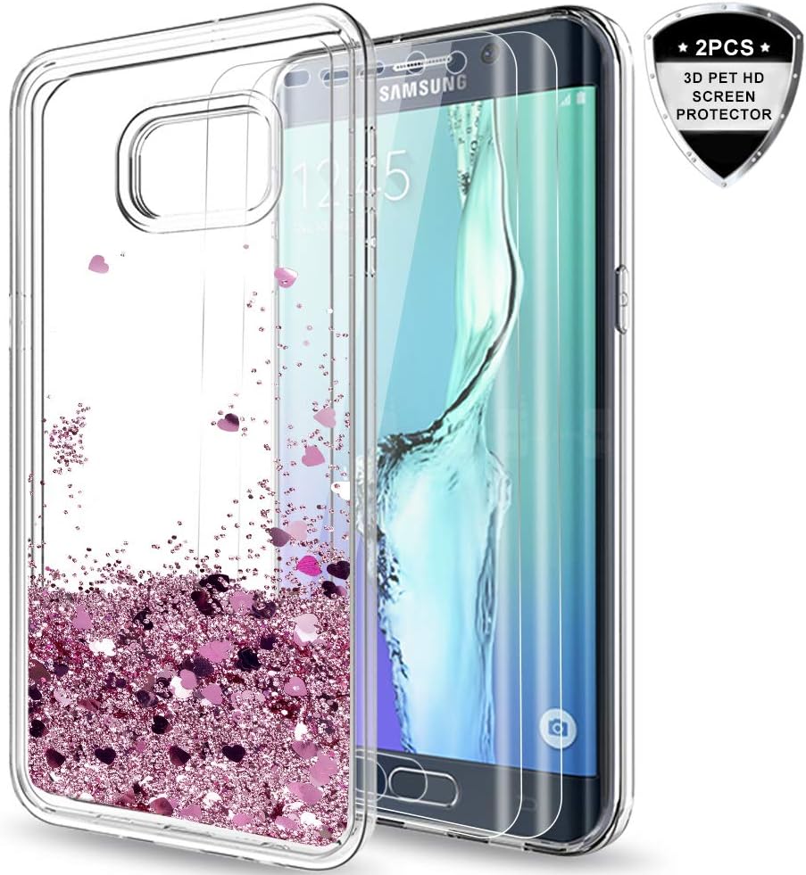 LeYi Galaxy S6 Edge Plus Case (Not Fit S6) with 3D Pet Screen Protector [2 Pack] for Girls Women Glitter Bling Moving Quicksand Liquid Protective Phone Case for Samsung S6 Edge+ Plus ZX Rose Gold