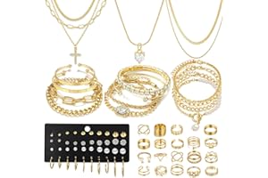 IFNODO 57pcs Gold Jewelry Set With 3 PCS Necklace, 12 PCS Bracelet,20pcs Hoop Stud Earrings,22pcs rings set For Women For Birthday Gifts