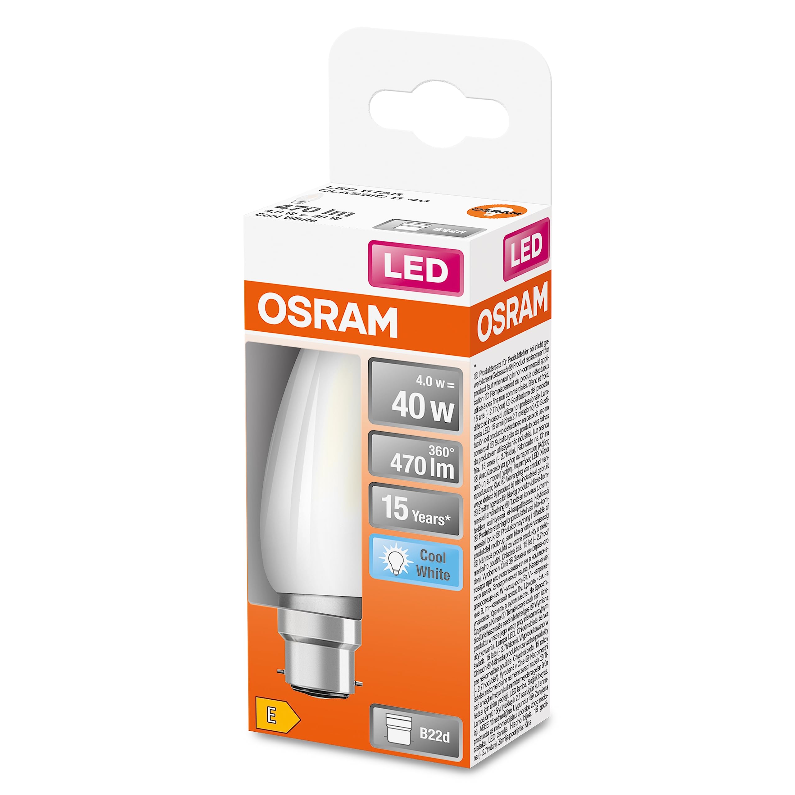 OSRAM Led Star Classic B40 Led Lamp for B22D Base, Candle Shape, Matt Glass, 470 Lumens, Cold White (4000K), Replacement for Conventional 40W Light Bulbs, Not Dimmable, 1-Pack
