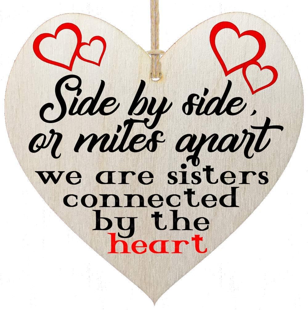 HandMadeSurprises Side by side, or miles apart we are sisters connected by the heart! - Gift Sign - Hanging Wall Rustic Shabby Chic Wooden Heart Plaque