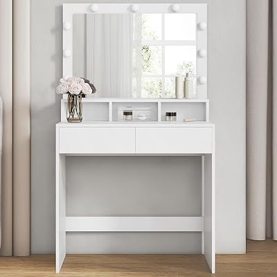 VASAGLE Dressing Table Vanity with Large Mirror and LED Lights White RDT195T14