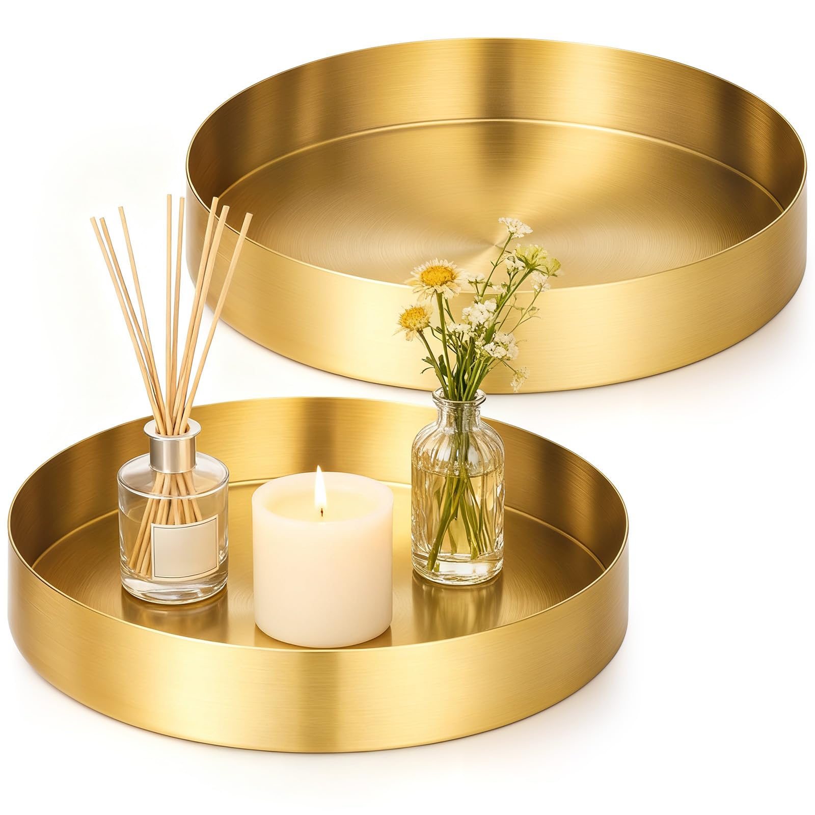 Photo 1 of 2 Pcs 7 Inch Round Gold Tray, Stainless Steel Metal Decorative Tray Vanity Trays Makeup Organizer, Coffee Table Trays for Jewelry Perfume Candle Kitchen Tableware