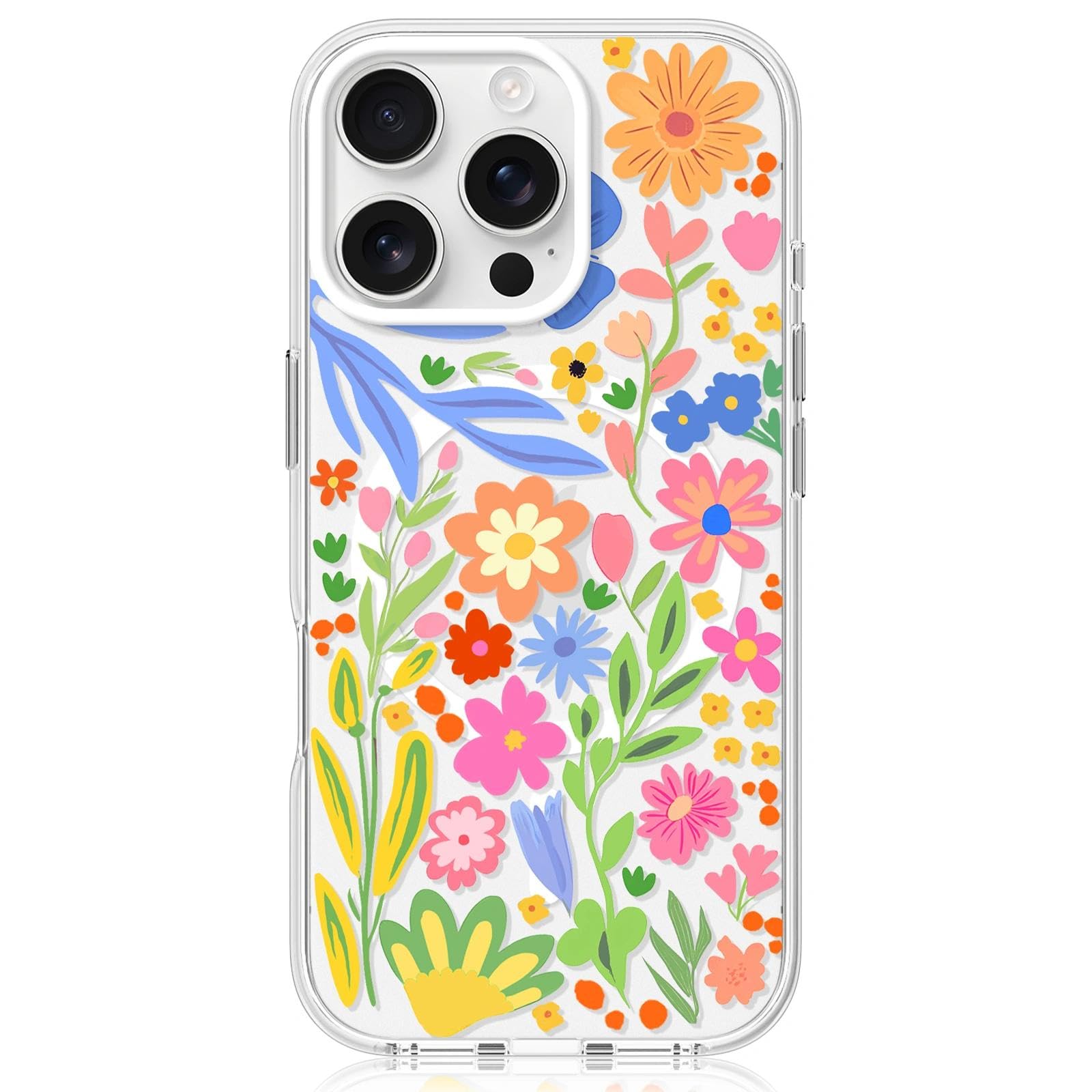 FEWGEY Clear Phone Case for iPhone 16 Pro Compatible with MagSafe, Spring Summer Cute Flower Floral Colorful Design Girly Magnetic Shock Proof Heavy-Duty Protection for Men Boys Women Girls Pink