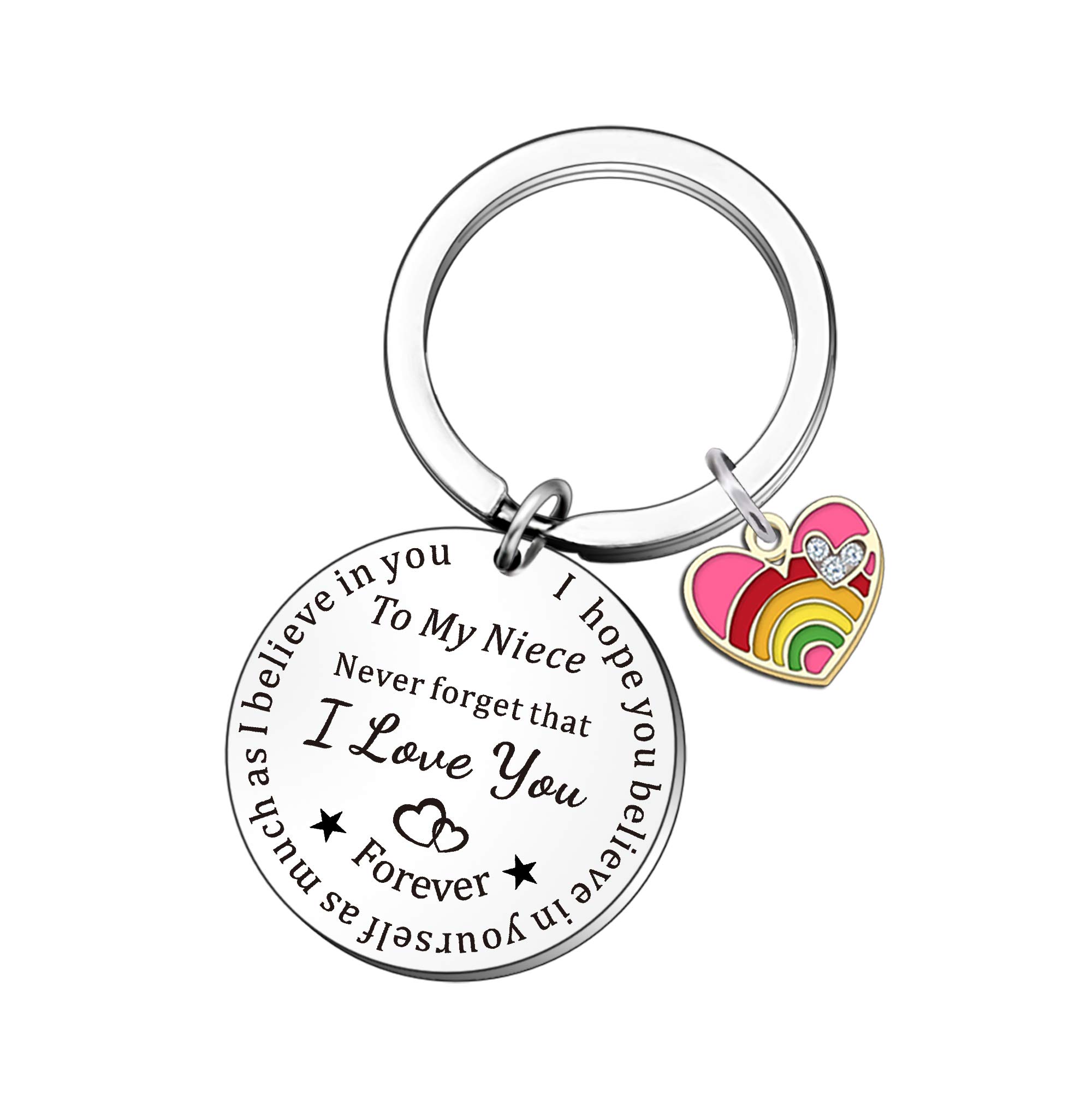 QMVMV Inspirational Rainbow Heart Niece Keyring Birthday Christmas Gifts For Women Girls From Auntie Keychain Engraved I Love You