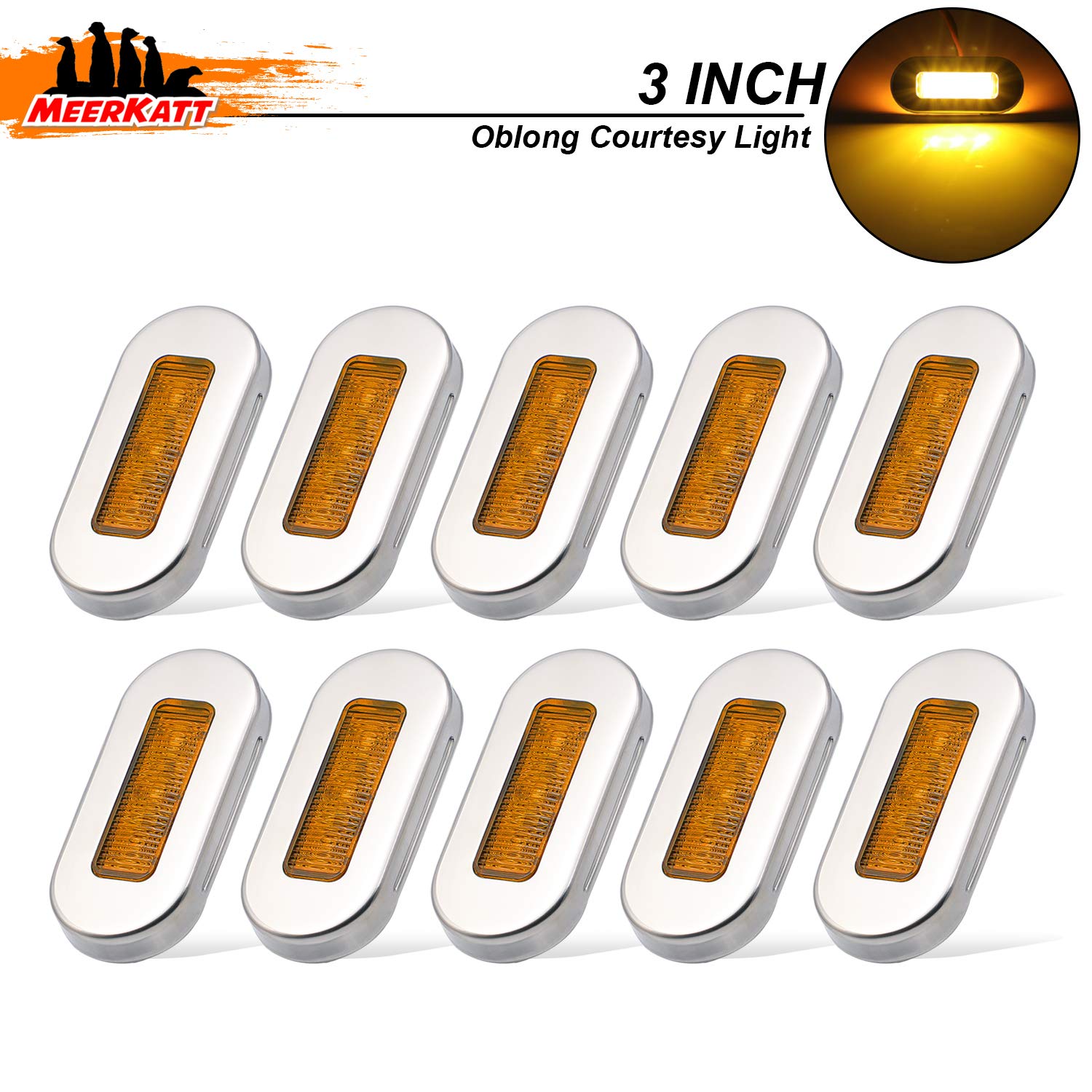 Meerkatt (Pack of 10) 3 Inch Oblong Amber LED Marine Courtesy Light Sealed Flush Mount Clearance Lamp for Yacht Stair Deck Garden Boat RV Cabin Truck Waterproof 12V DC with Chrome Stainless Bezel UV12