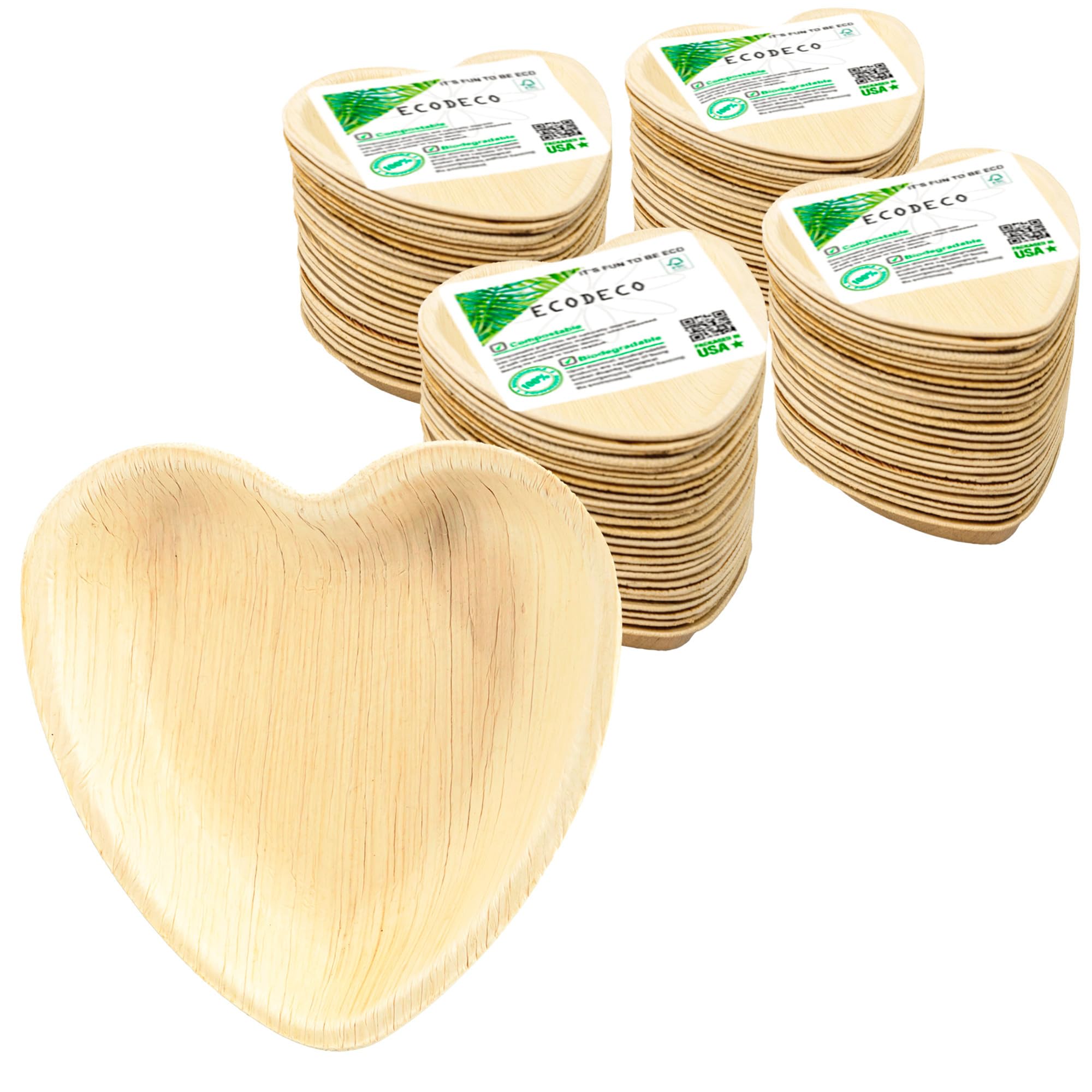 Photo 1 of ECODECO Palm Leaf Party Plates - 100 Heart-Shaped 4-Inch Natural Disposable Plates – Bamboo-Style Plates for Appetizers and Desserts