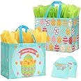 STYPOP 2 Pack 13" Large Easter Gift Bags with Tissue Paper, Reusable Non-Woven Easter Bags with Handles for Kids Egg Hunts/Party Favor Supplies, 12.8"*10.2"*6.3"