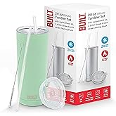 BUILT Double Walled Stainless Steel Tumbler Set with Replacement Lid, 2 Reusable Tritan Wire Straw Cleaning Brush in Gift Box, 20-ounces, Ash Green