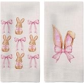Tzhim Coquette Pink Bow Easter Bunny Kitchen Towels Set of 2, CuteEaster Hand Towels, Easter Bunny Ears Dish Towels Dishcloths Tea Towels for Kitchen, EasterKitchen Bathroom Decor, 16x24 Inch