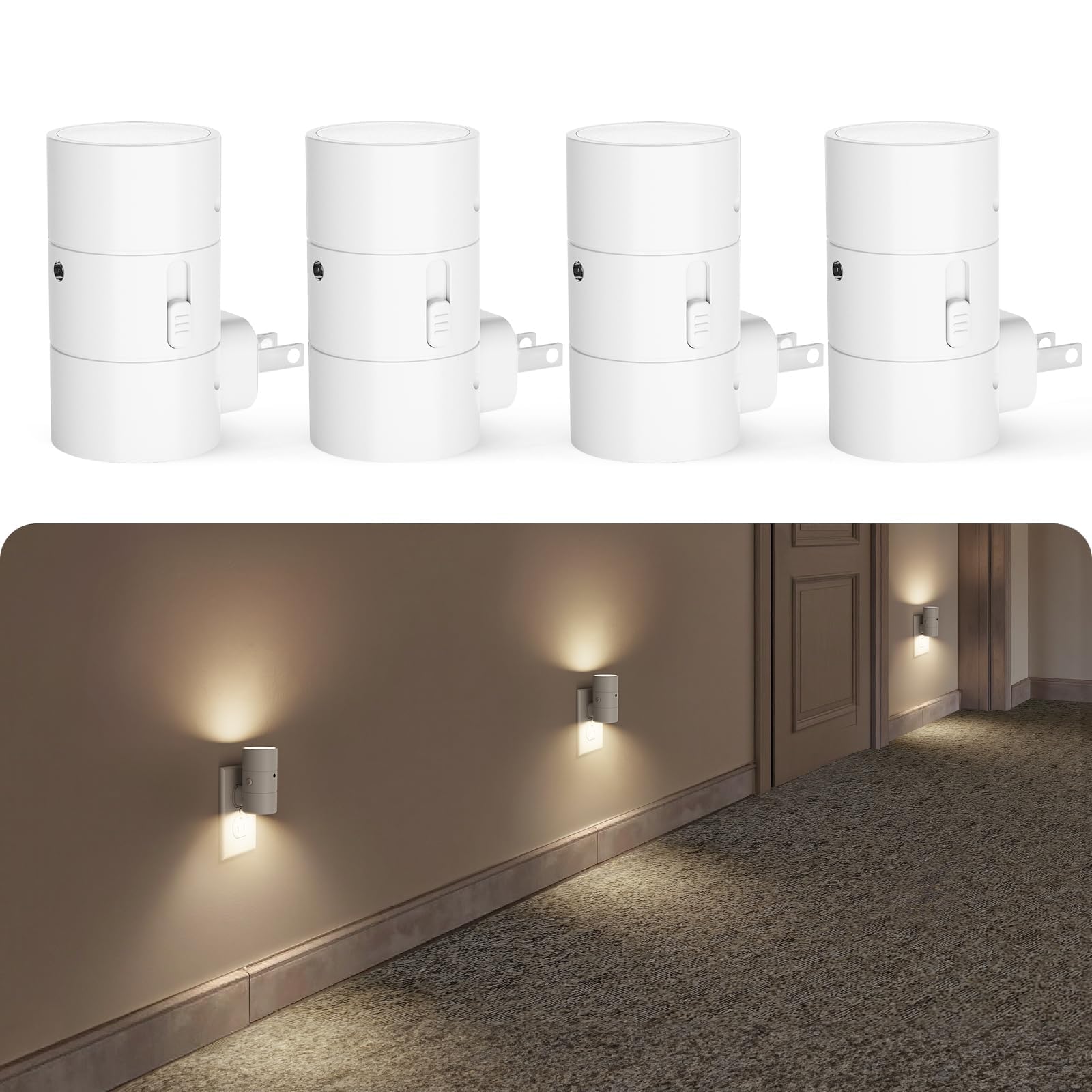Photo 1 of VOLISUN Night Light, Dimmable Led Night Lights Plug into Wall, Amber/3000K/4500K, 0-100LM Adjustable Brightness, Dusk to Dawn Nightlight for Hallway, Bathroom, Bedroom White 4 Pack
