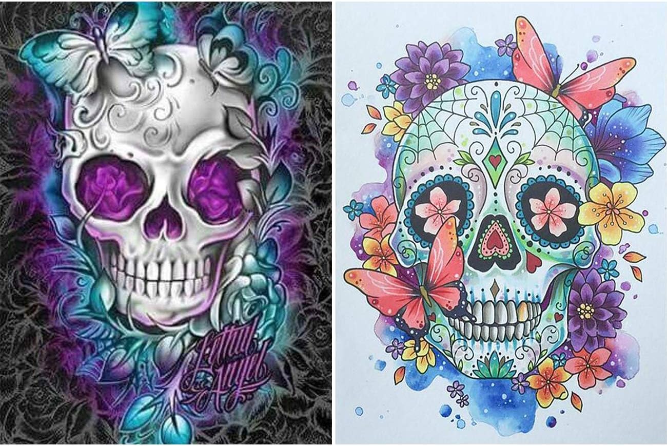 SKRYUIE 2 Pack 5D Diamond Painting Skull with Butterfly Full Drill Paint with Diamond Art, Skeleton Flower DIY Painting by Number Kits Embroidery Rhinestone Wall Home Decor 30x40cm (12"x16")