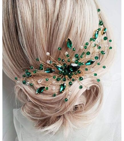 Amazon.com : Denifery Bridal Hair Pin Emerald Gold Hair  display picture 2