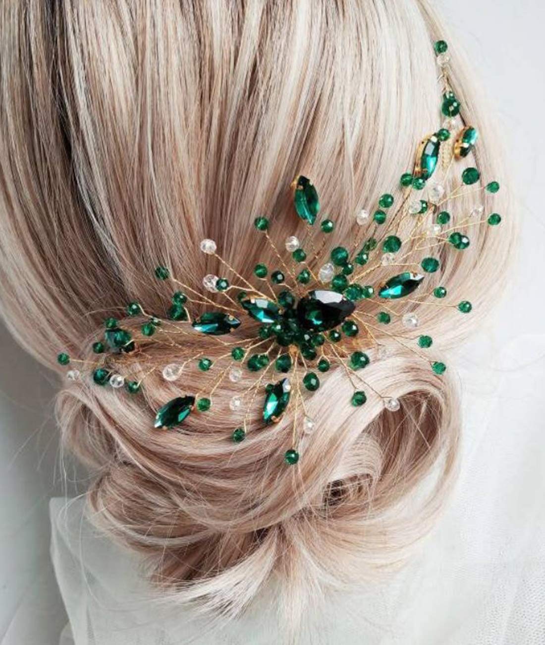 BERYUAN Women Gold Headpiece Teardrop Emerald Green Crystal Hair Vine Comb Wedding Hair Accessory Rhinestone Hair Piece Gift for Her Party Headress for Bride Bridesmaid Girls(Gold)