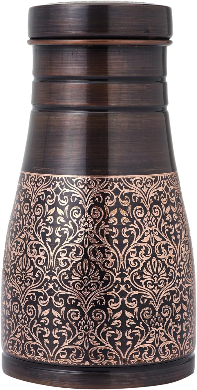 Pure Copper Bedside Carafe for Ayurveda Health Benefits - Capacity - 1 Liter (33.81 US Fluid Ounce) (Floral Pattern)
