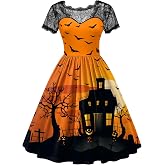 ALIREVERIE Women Halloween Party Costume Vintage Swing Lace Short Sleeve Witch Dress