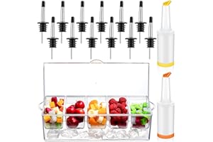 Seewey Condiment Server Tray with 2 Pcs Fruit Juice and Liquor Pour Bottles 12 Pcs Liquor Bottle Pourers Chilled Condiment Tray Bar Caddy for Bartender and Home Bar Supplies(Clear, Stylish)