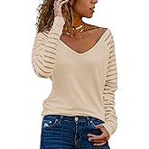 AISEW Womens Long/Short Sleeve V Neck T-Shirt Striped Sheer Mesh Raglan Tees Loose Casual Tops