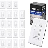 BESTTEN 20 Pack Dimmer Light Switch, Compatible with LED Dimmable Lamp, CFL, Incandescent, Halogen Bulb, Single Pole or 3 Way LED Slide Dimmer Switch, Decorator Wall Plate Included, UL Listed, White
