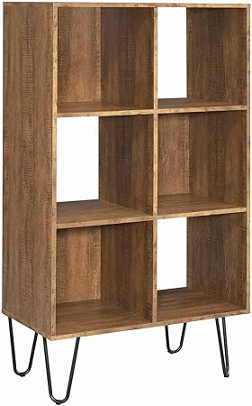 Amazon Com Benjara Wooden 6 Cubes Bookcase With Metal Hairpin Legs Brown And Black Furniture Decor