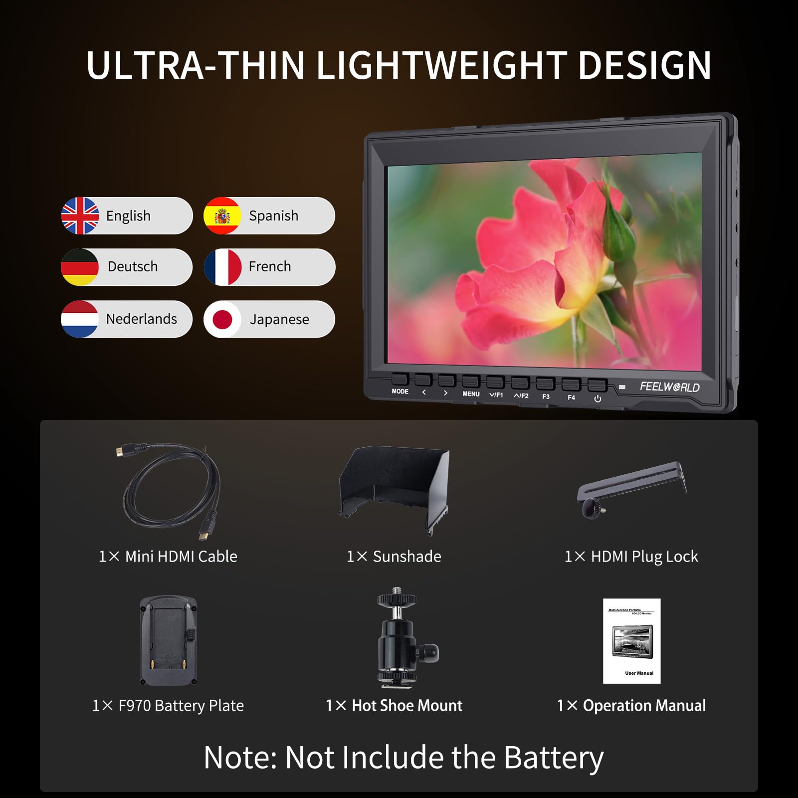 FEELWORLD FW759 7 Inch DSLR Camera Field Monitor HD Video Assist Slim IPS 1280x800 4K HDMI 1080p with Sunshade