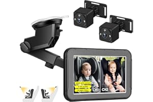 Baby Car Mirror Camera, 2 HD 2K IR Night Vision Cameras, 5 inch Dual-Channel Split Screen Display Mirror, 360° Adjustable Cle