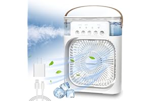 NTMY Portable Air Conditioner Fan, Mini Evaporative Air Cooler with 7 Colors LED Light, 1/2/3 H Timer, 3 Wind Speeds and 3 Spray Modes for Your Desk, Nightstand, or Coffee Table