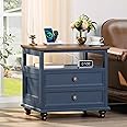 Joaxswe Farmhouse Nightstand with Charging Station, 24" Wide End Table with 2 Drawers, Blue Dresser for Bedroom, Bed Side Table Chest of Drawers Cabinet,Wood Night Stand for Living Room, Closet