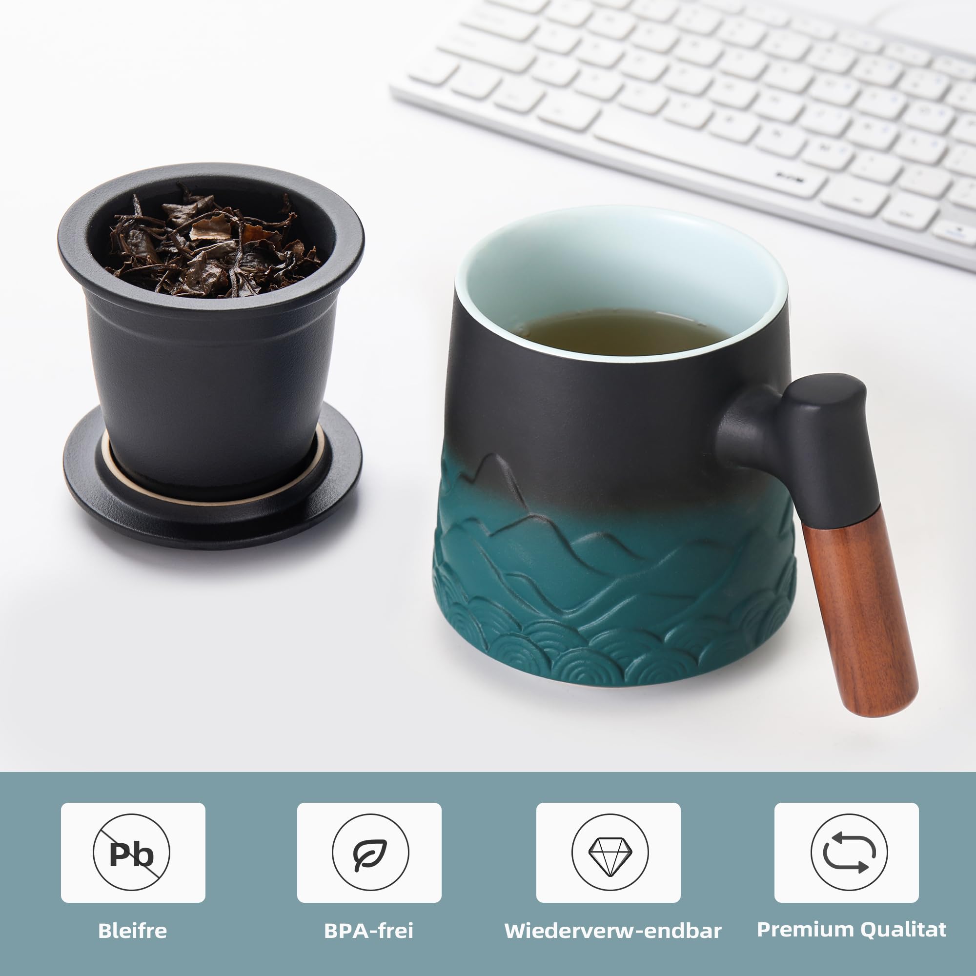 Zenoza Teetasse mit Deckel und Sieb, 500ml Große Keramik Teebecher, Teetassen Handgemacht, Geschenk für Teeliebhaber(Grün) 2