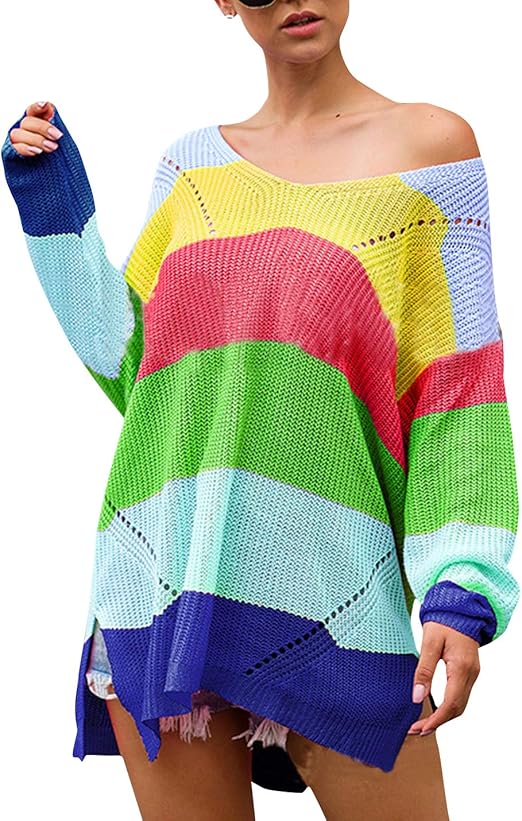 ZGZZ7 Women's Loose Fit Pullover Sweaters Rainbow Color-Blocked Mid-Long Knit Sweater Coats at 