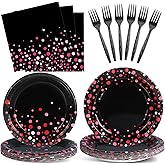 96PCS Hot Pink and Black Party Supplies Hot Pink Dots on Black Paper Plates Napkins Bachelorette Bridal Shower Party Decorations Girl Birthday Dinnerware Favor Coquette Tableware Serves 24