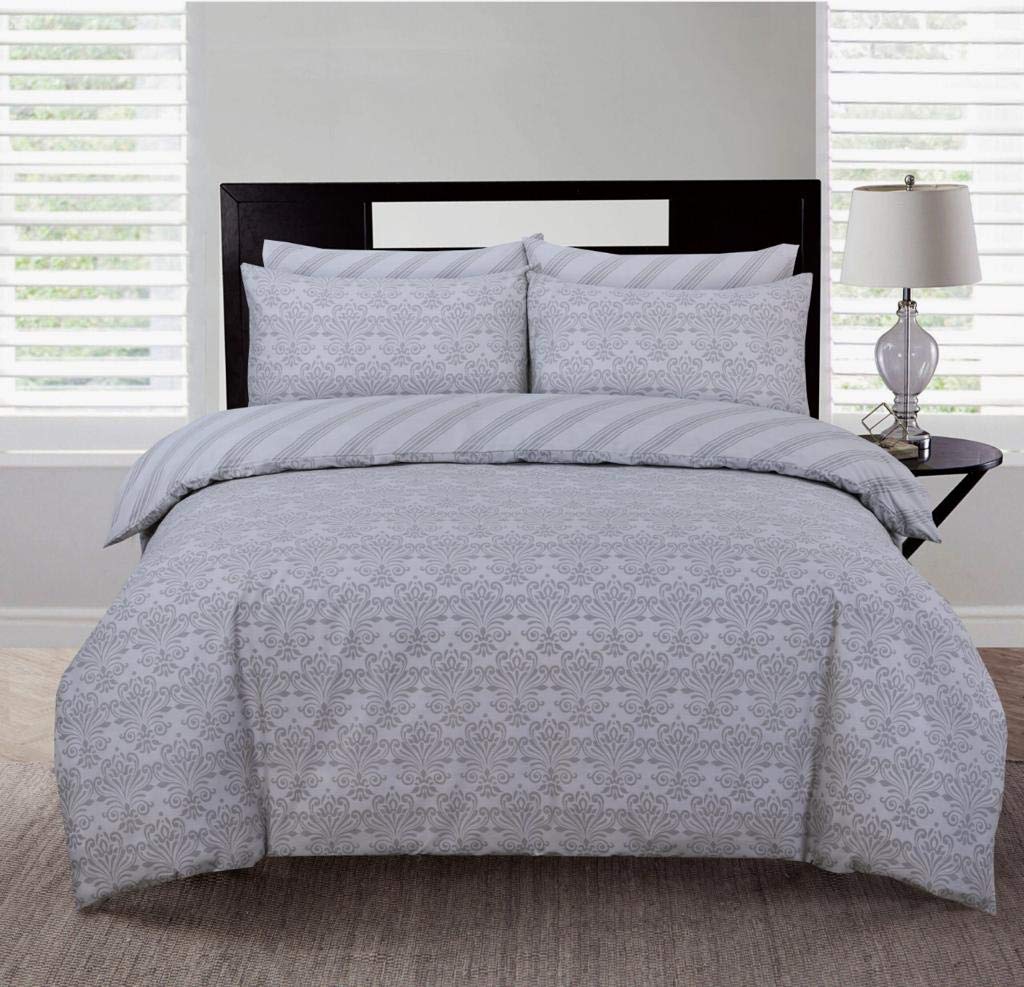 Right Style Luxurious Printed Duvet Cover Sets Reversible 100% Cotton (Modern Silver Damask, Super King)