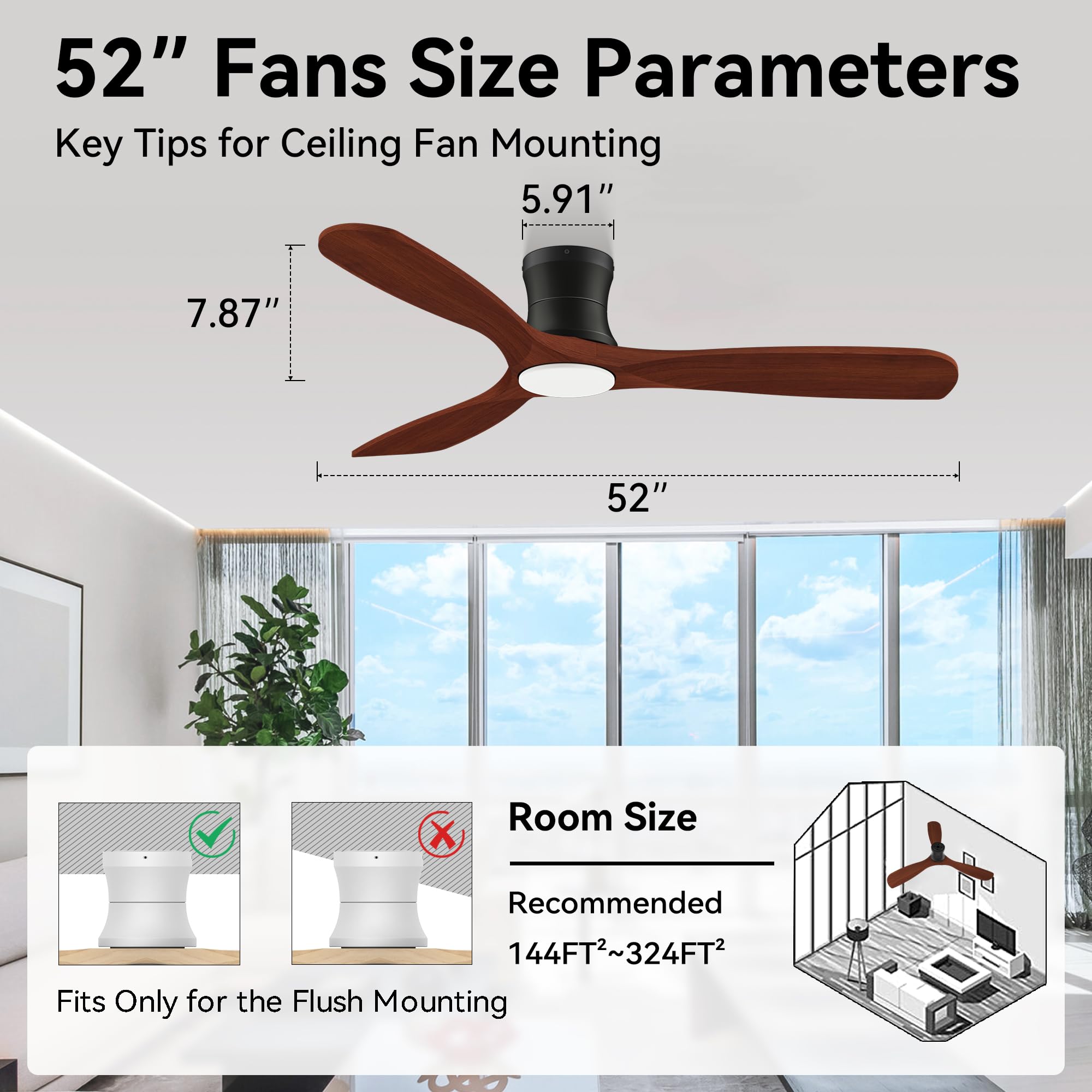 52” Smart Low Profile Ceiling Fans with Lights Remote,3 Wood blade,Quiet DC Motor,Outdoor Indoor Flush Mount Ceiling Fan,Voice Control via WIFI Alexa App,Modern Lighting& Ceiling fan for Bedroom Patio