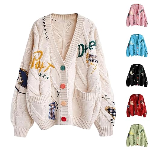 Ladies Cardigan, Loose Fit V Neck Button Down Chunky Cable Knit Sweater Cardigan with Pockets, Colourful Embroidery Ladies Knitwear for Autumn Winter