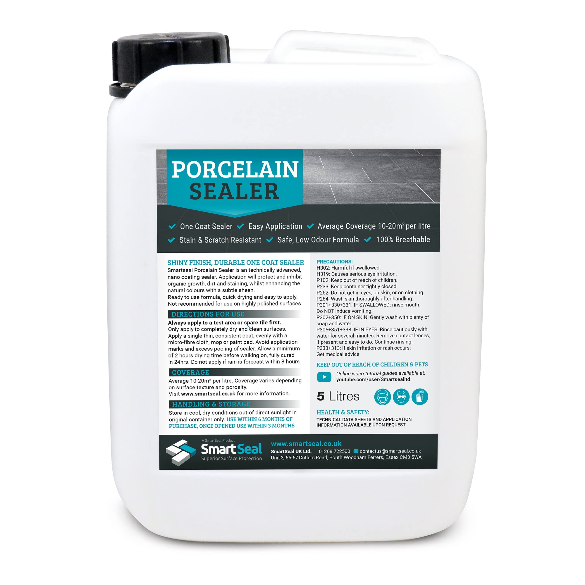 SmartSeal Porcelain Tile Sealer - 5L - Breathable, One Coat, Wet Look Porcelain Sealer for Internal & External Use. Protective, Ceramic Tile Sealant for Patios, Paths, Walls & Floors