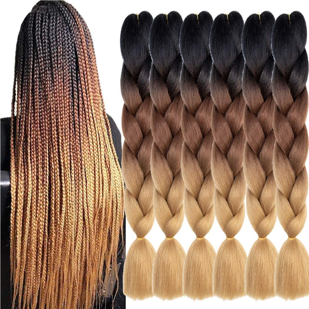 brown braiding hair 6pcs ombre jumbo braids extension 24inchbhot water setting synthetic fiber hair for braiding crochet twist box braids hair (Black/Dark Brown/Light Brown) โ image 1