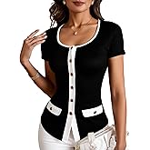 winkbay Women's Summer Button Down Tight T Shirts Elegant Scoop Neck Ribbed Knit Work Office Tops