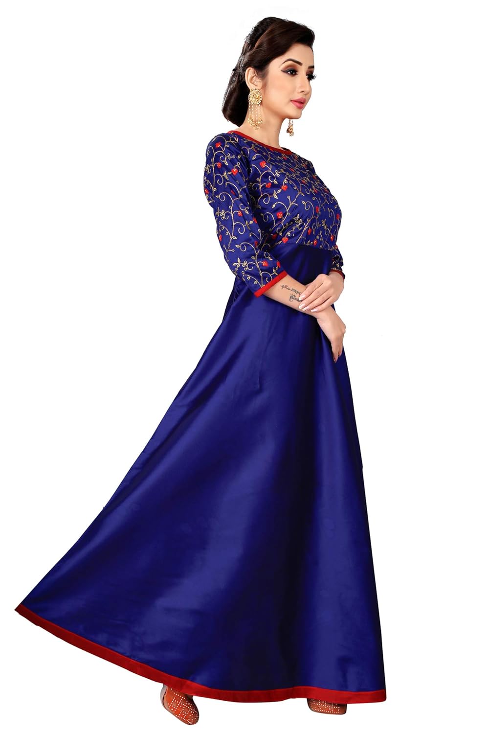spangel fashion blue silk embroderied design women's anarkali gown dress