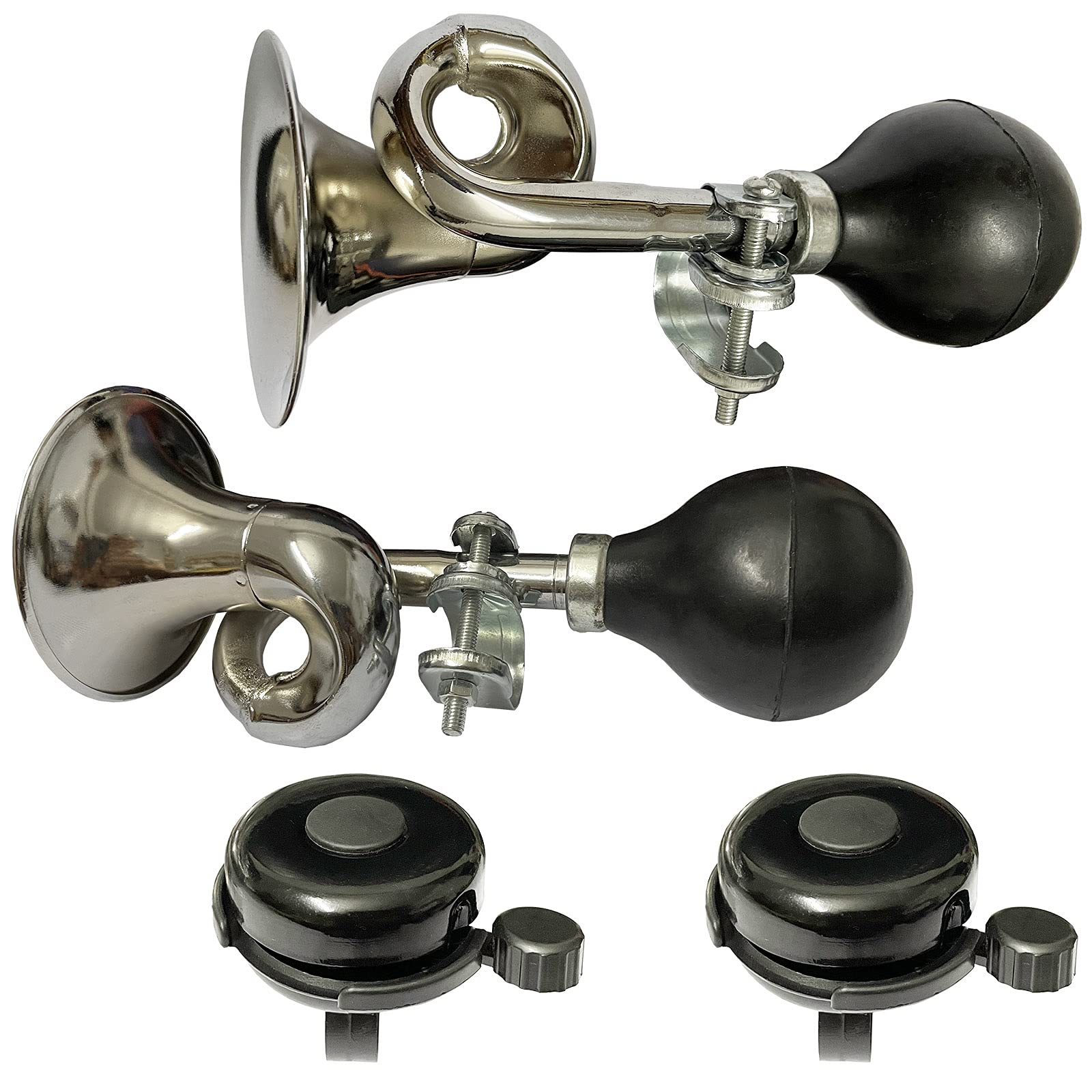 Photo 1 of 2 Pack Loud Sound Bike Bugle Horn Retro Metal Squeeze Clown Horn and 2 Pack Aluminum Bicycle Bell Fits Kids Adults Cycle Handle Bar and Golf Cart