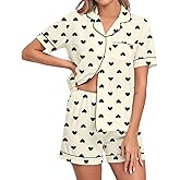 SWOMOG Women 2 Piece Pajamas Sets Short Sleeve Pj Sets Cute Printed Sleepwear Button Down Shirt with Lounge Shorts Set