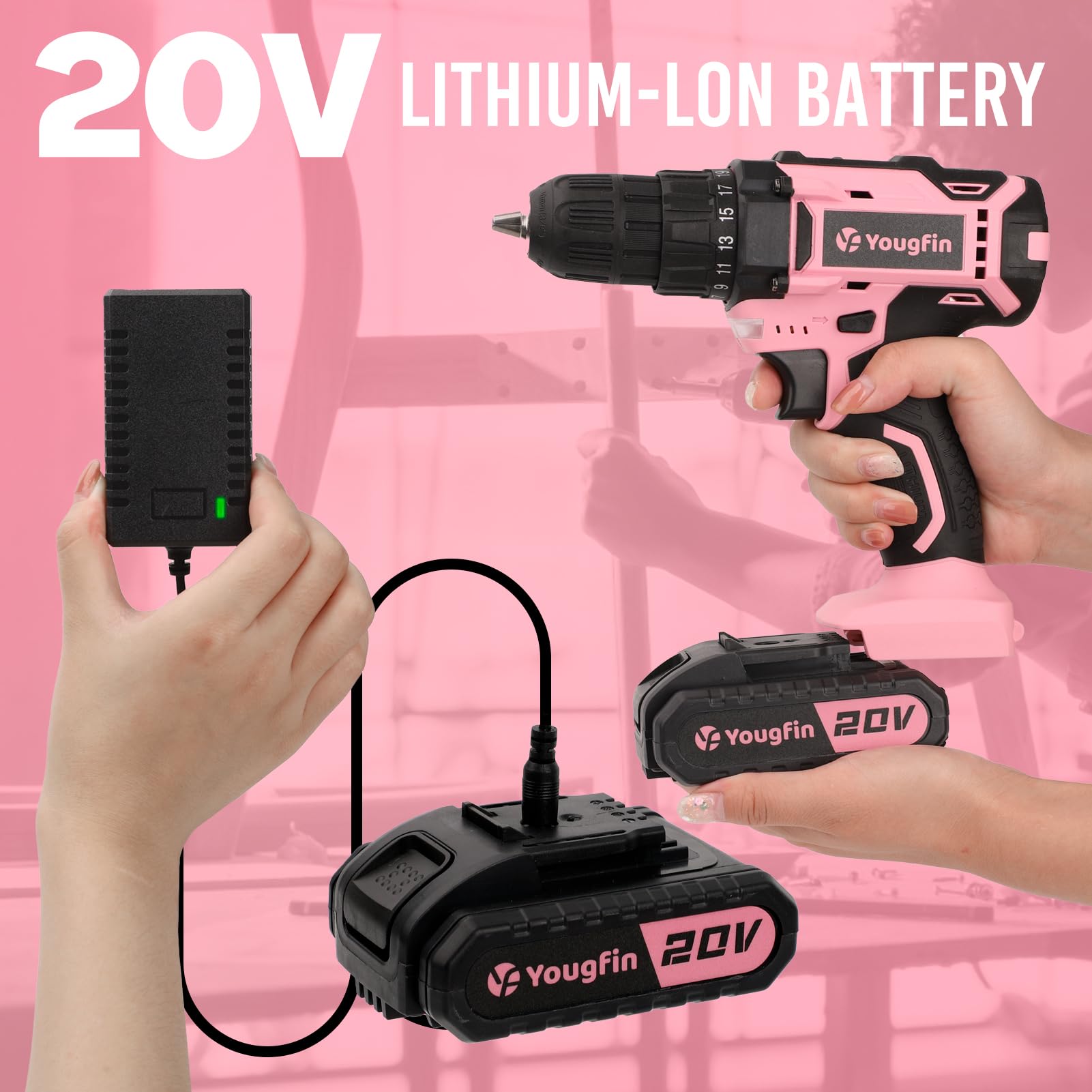 Yougfin Cordless Drill Set, 20V Power Drill Driver With Battery & Charger, 3/8'' Keyless Chuck, Variable Speed, 25+1 Torque Setting, Pink & Black