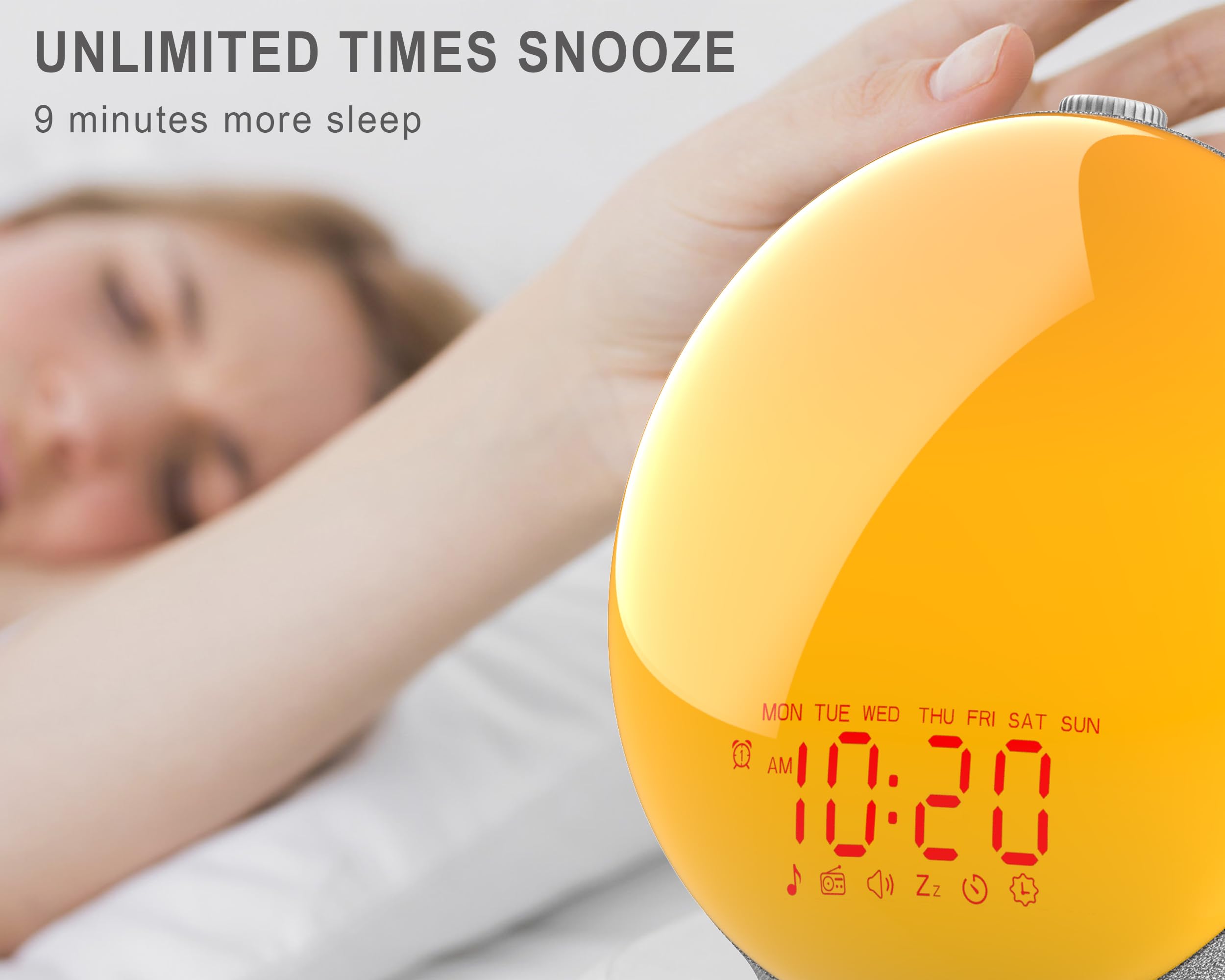 JALL Wake Up Light Sunrise Alarm Clock, Full Screen with Sunrise Simulation, Sleep Aid, Dual Alarms, FM Radio, 14 Colors, 7 Sounds, Fabric Light Gray
