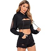 Verdusa Women's Sheer Fishnet Drop Shoulder Drawstring Hoodie Crop Sweatshirt