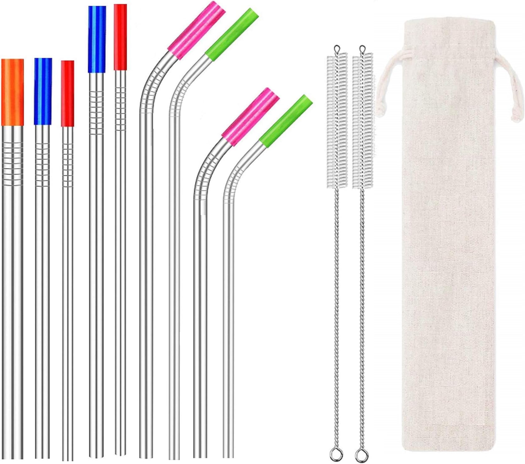 Eskyhouse Set of 9 Stainless Straws with Silicone Tips Reusable Metal Straws 6mm Slim Straws for 30 oz Yeti/RTIC/Ozark Tumbler, 8mm Smoothie Straws, 12mm Boba/Bubble Tea Straws with2 Cleaning Brushes