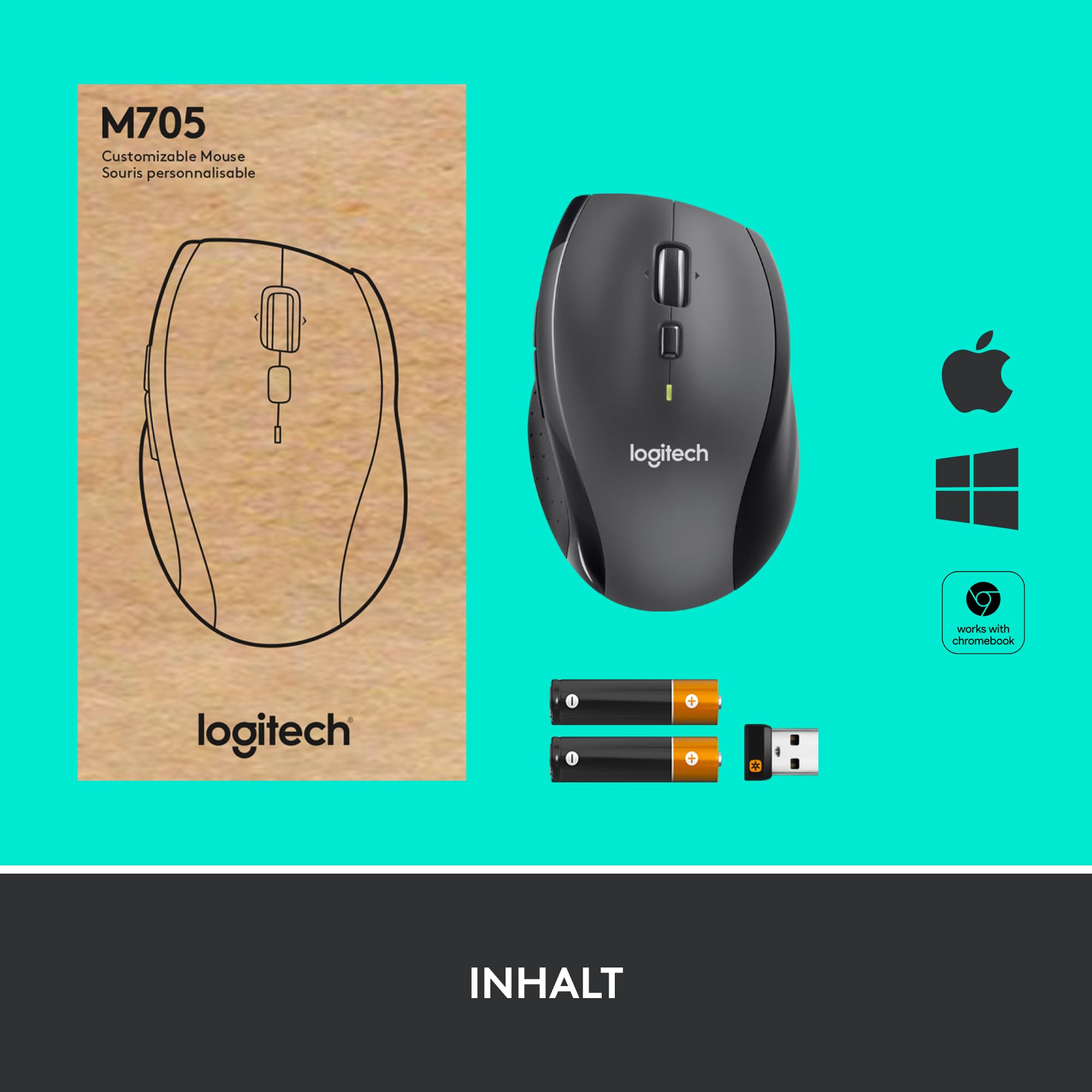Logitech M705 Marathon Kabellose Maus, 2,4 GHz mit USB-Unifying-Empfänger, 1000 DPI, 5 programmierbare Tasten, 3-Jahres-Batterie, Kompatibel mit PC, Mac, Laptop und Chromebook - Grau 9