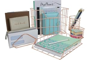 Sorbus Desk Organizer Set, Rose Gold 5-Piece Desk Accessories Set Includes Pencil Cup Holder, Letter Sorter, Letter Tray, Han