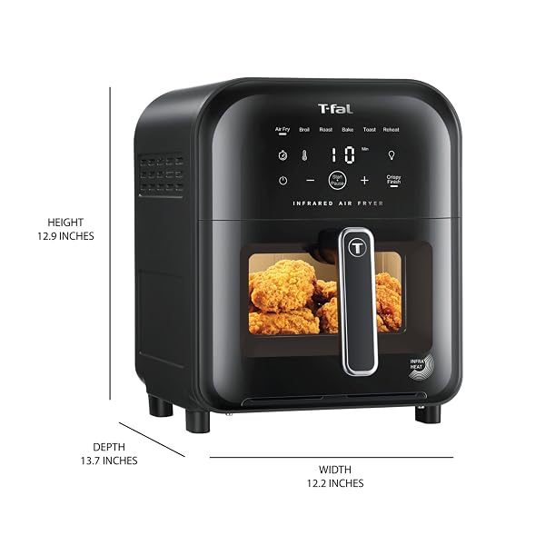 T-FAL INFRARED AIR FRYER, PREMIUM UNDERHEAT TECHNOLOGY, 5 LITER, NO PREHEAT, VISIBLE WINDOW, 7 COOKING PROGRAMS, EXTRA CRISP, FASTER, JUICIER, EY8158U0