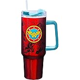 Spoontiques DC Comics Stainless Steel Travel Mug, 40oz - Double Wall Insulation, Sturdy Handle, Sliding Lock Travel Lid - Wonder Woman
