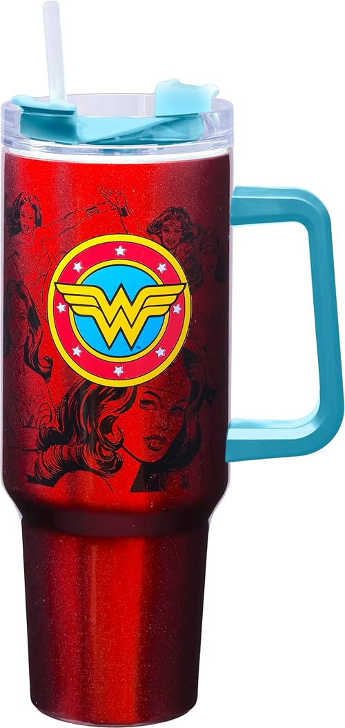Spoontiques DC Comics Stainless Steel Travel Mug, 40oz - Double Wall Insulation, Sturdy Handle, Sliding Lock Travel Lid - Wonder Woman